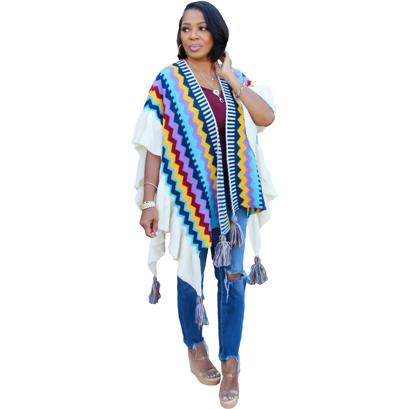 Women Autumn and Winter Geometric Knitting Crochet Tassel Cardigan Cape Jacket 6