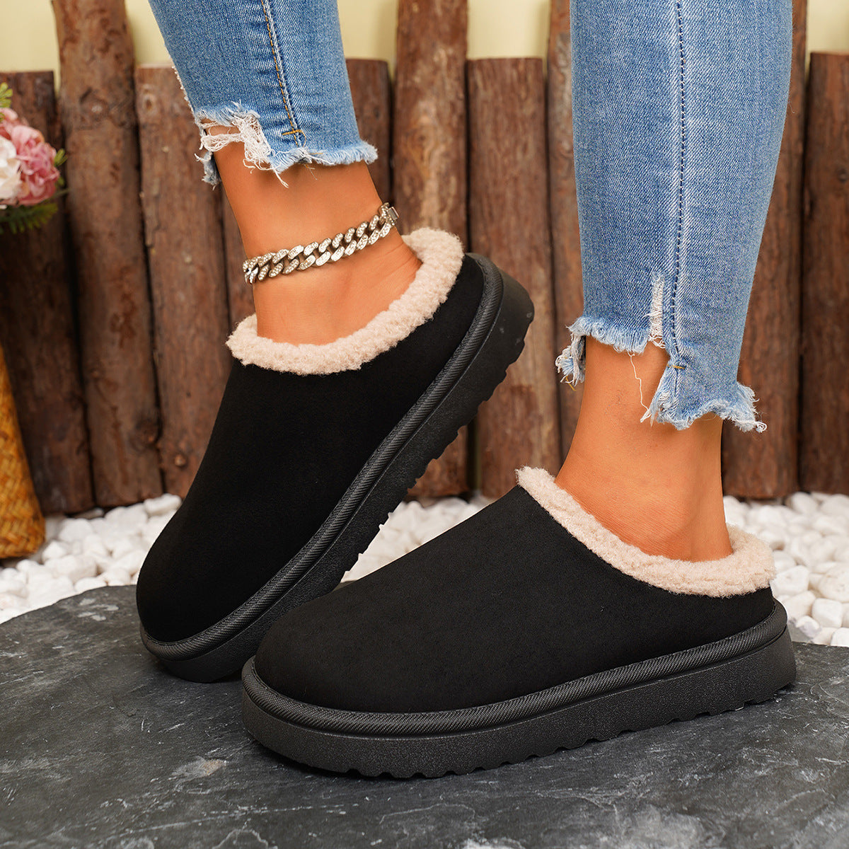 Women's Winter Plush Warm Fleece Soft Sole Round Toe Flat Bottom Slippers 12