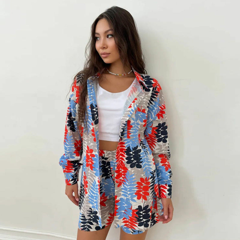 Fall Women Print Long Sleeve Shirt Shorts Women Two-Piece Set 6