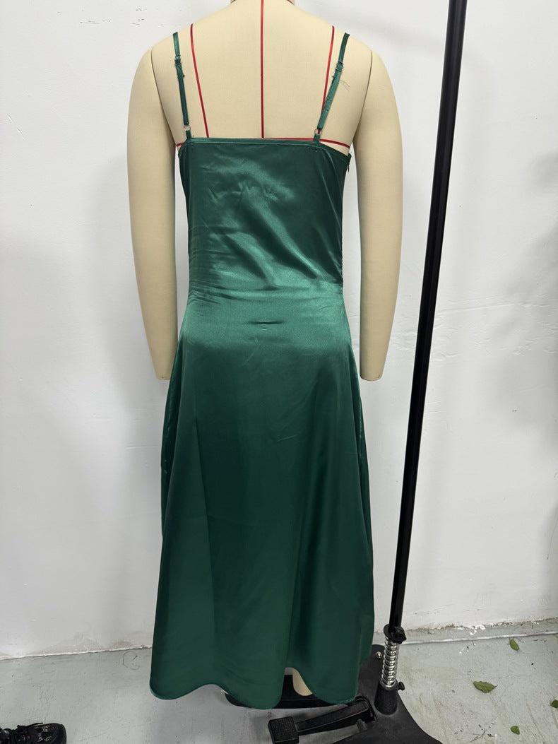 Women Pleated Sleeveless Satin Dress 11