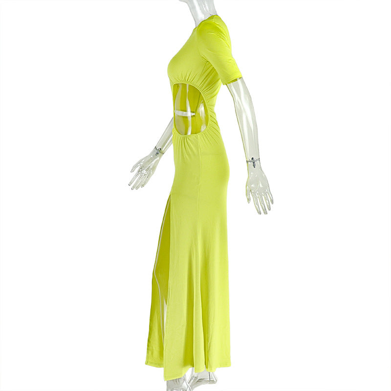 Chic Women's Fashion Cut-Out Slit Irregular Round Neck Solid Color Pleated Dress 19