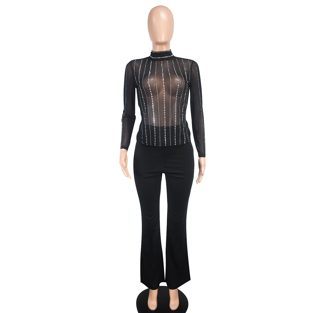 Black Transparent Mesh  Long-Sleeved Top Pants Sexy Nightclub Two-Piece Set 6