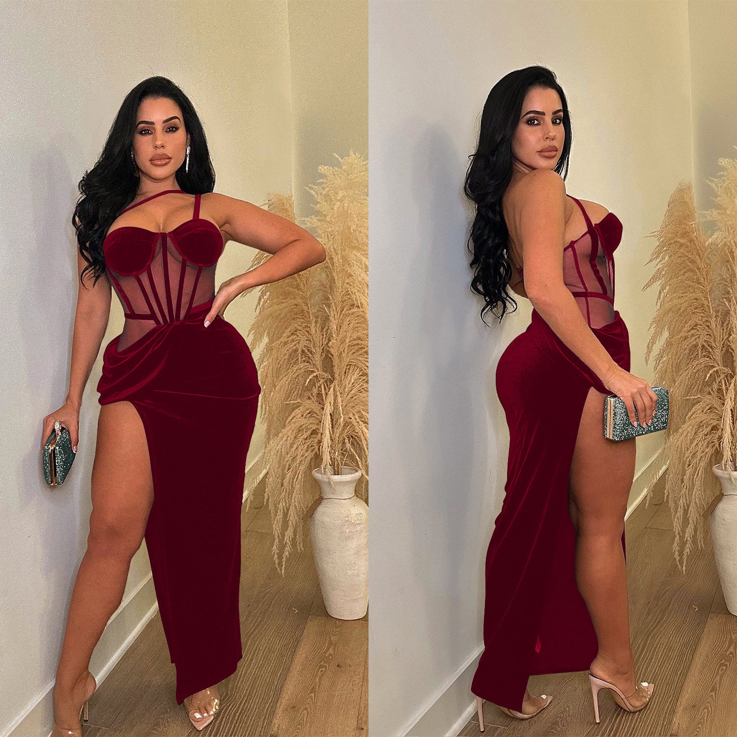 Fashion Women's Solid Color Mesh Straps Slit Long Dress 4