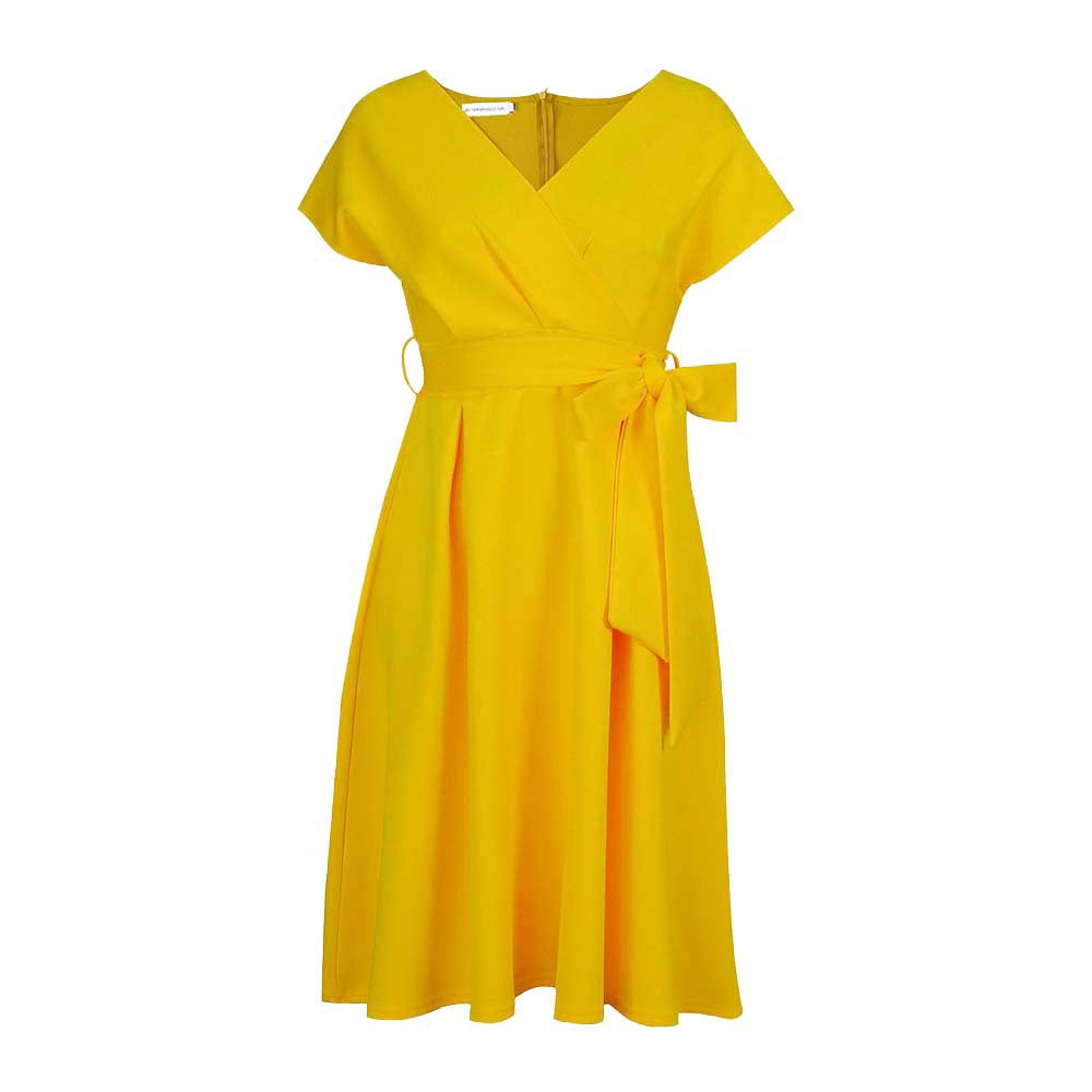 Summer V-Neck Solid Color Slim Waist Bow Lace-Up A-Line Dress 12