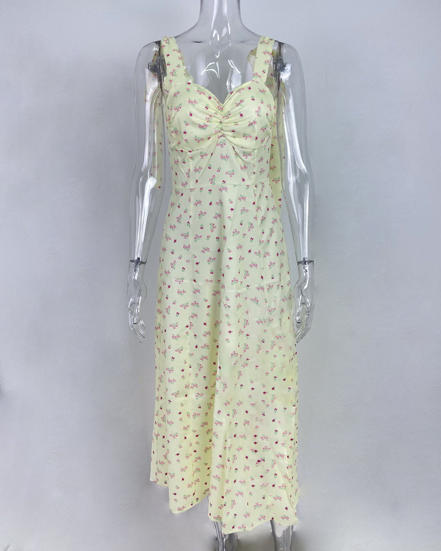 Women V-neck Suspender Lace-up Floral Backless Slit Dress 6