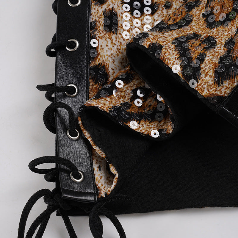 Sexy Side Lace-Up Leopard Print Bodycon Short Skirt with Sequins 19