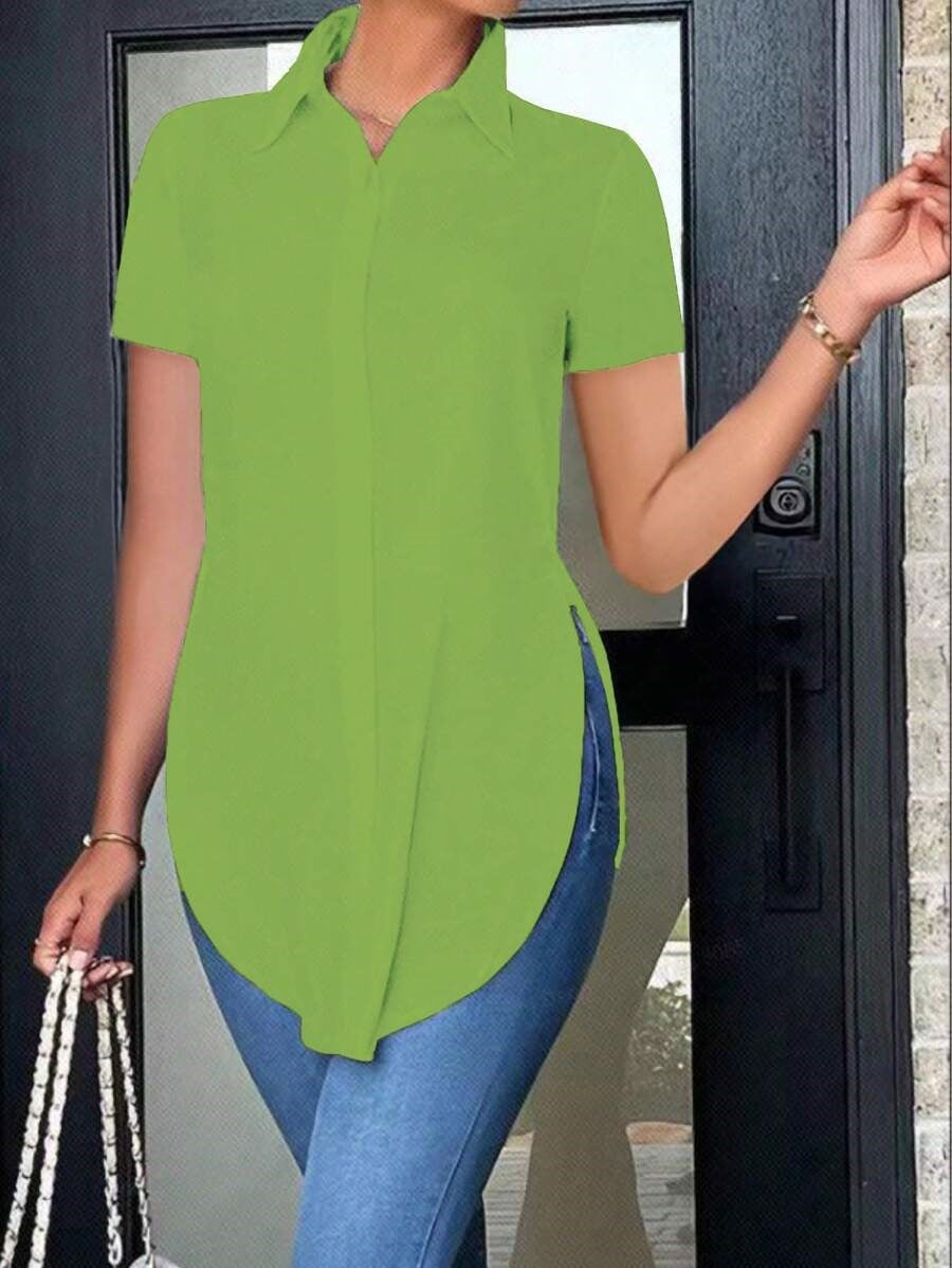 Summer fashion turndown collar ladies solid color short sleeve slim shirt 13