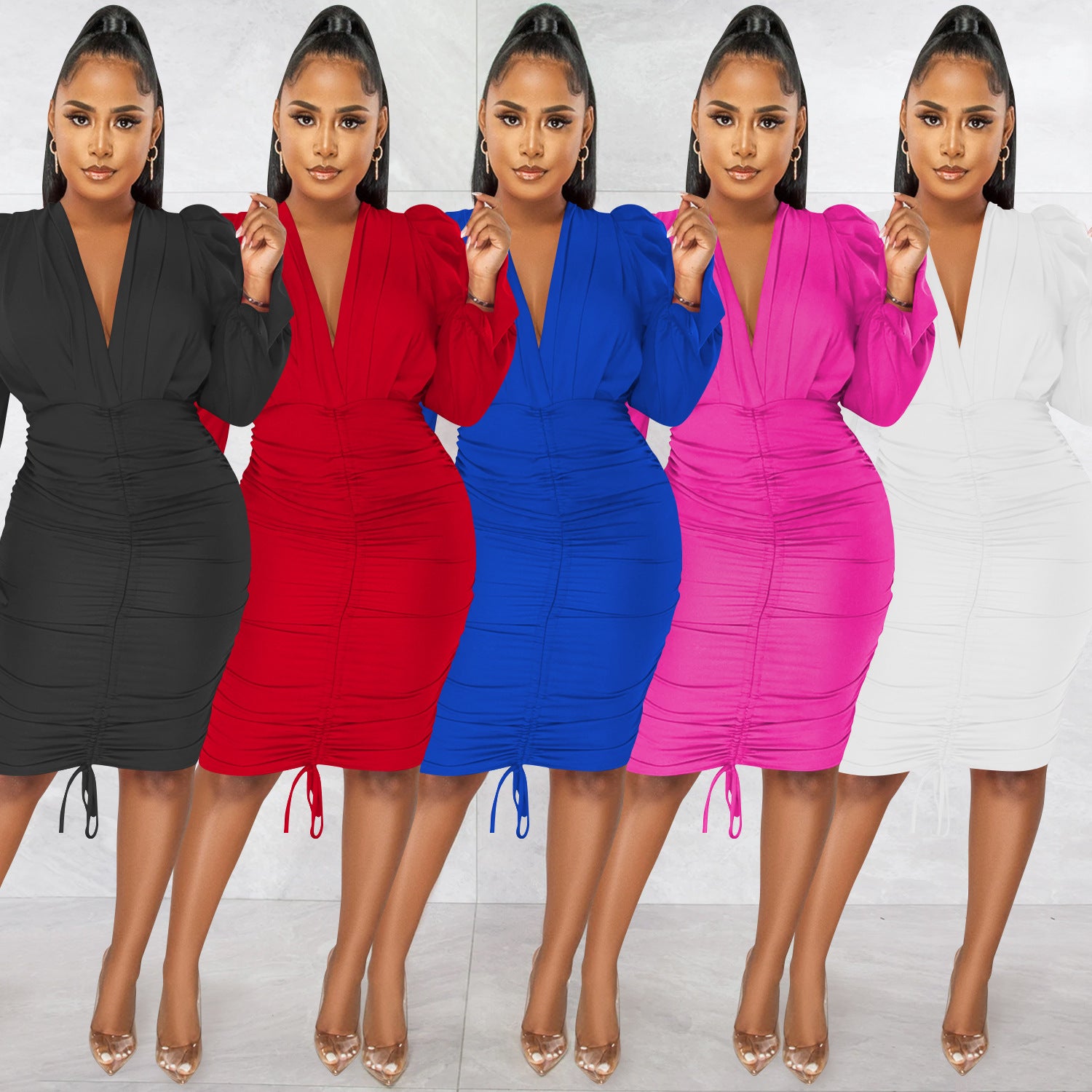 Women Casual Solid Long Sleeve Pleated V-Neck Dress