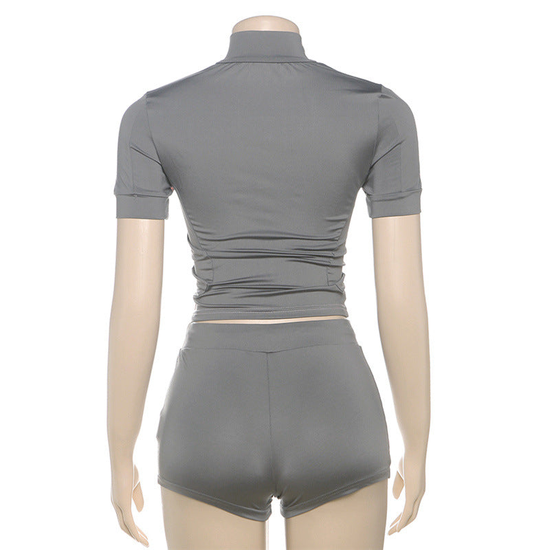 Fashionable Stand Collar Slim Fit Fitness Top & Shorts for Casual Sports Set 20