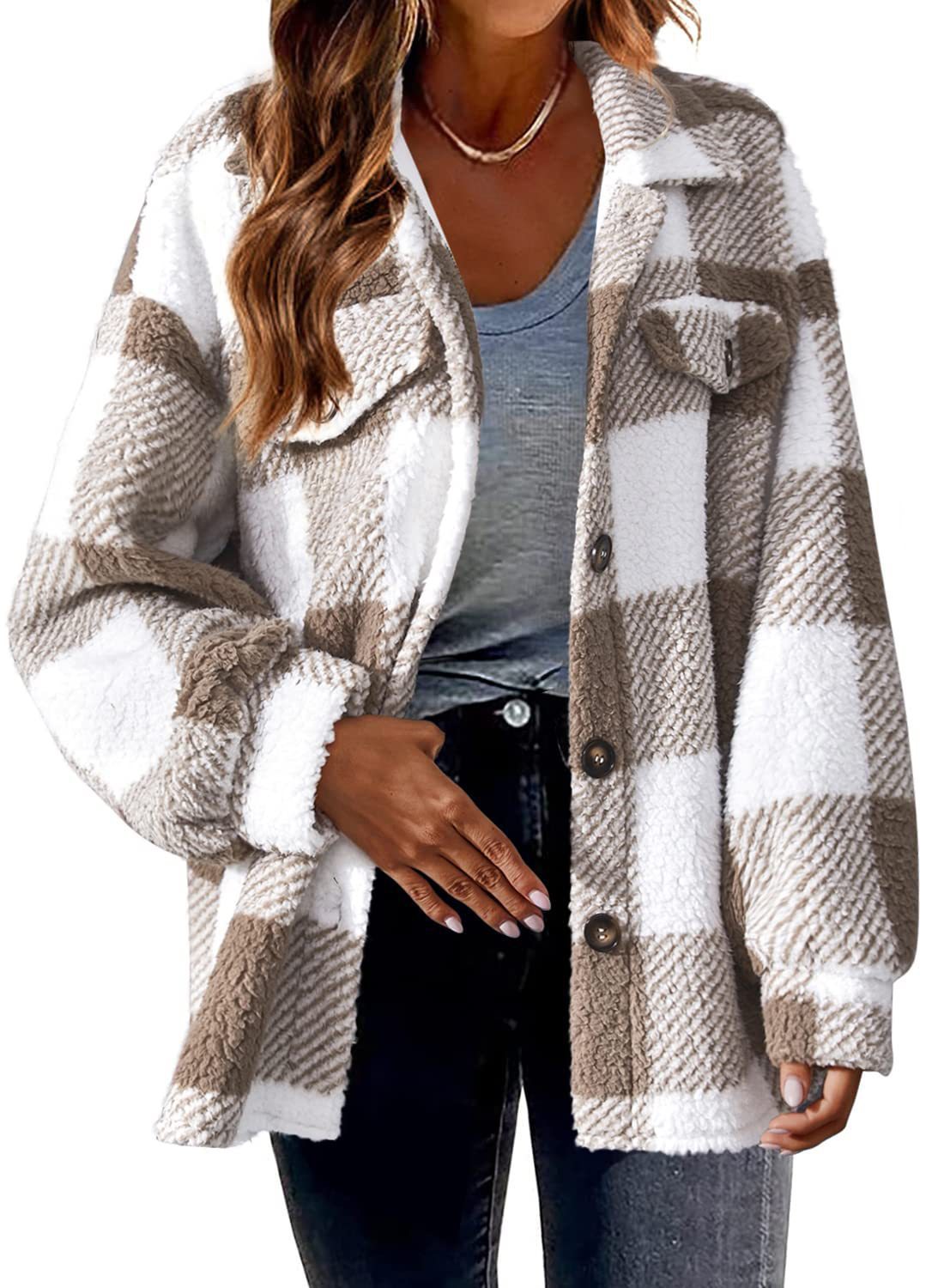 Women Autumn and Winter Pocket Plaid Sherpa Jacket Button Plush Jacket 19
