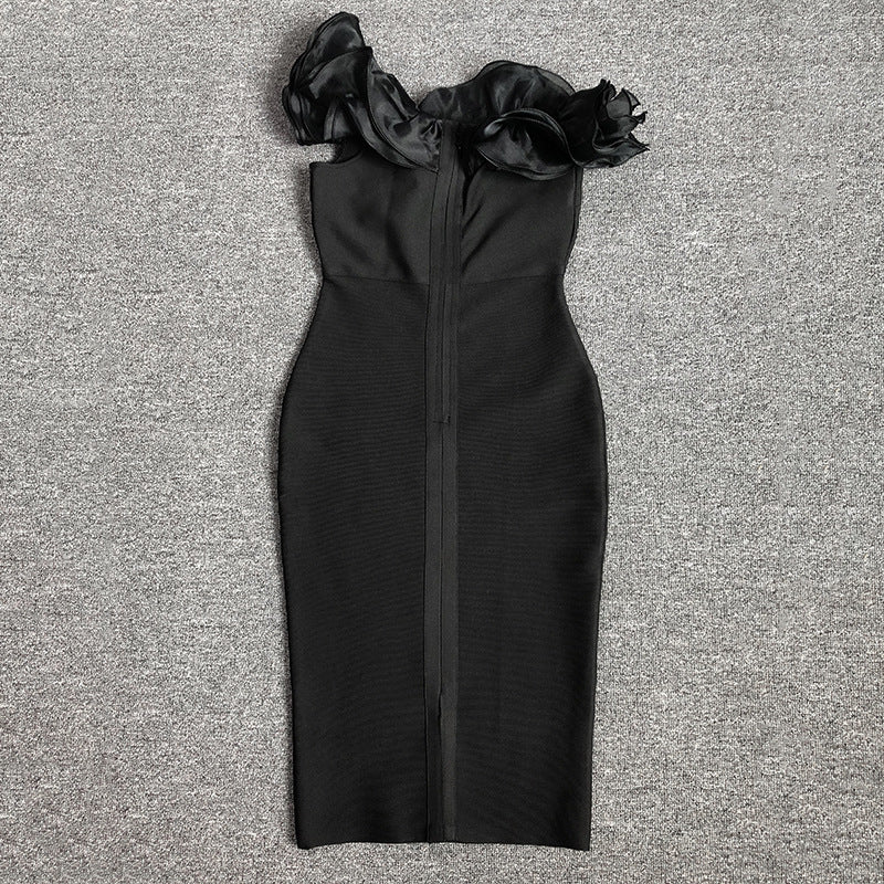 Ruffle Bandage Dress Fashionable And Elegant Off Shoulder Strapless Black Formal Party Dress 13