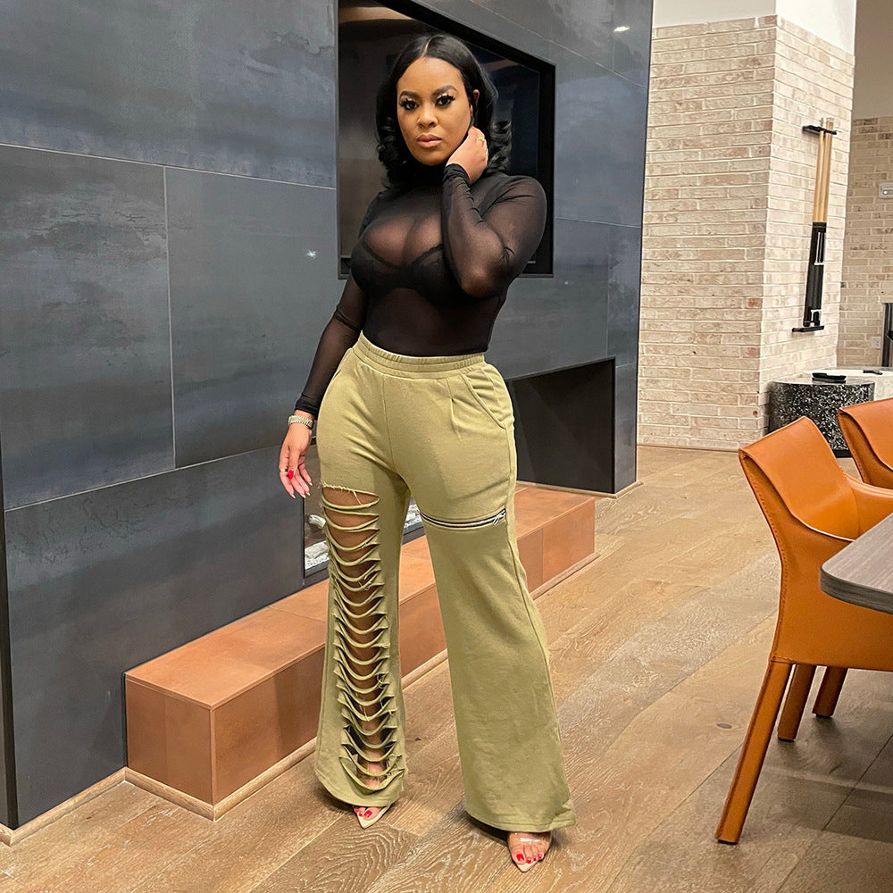 Women Fashion Style Summer Hollow Zipper Pocket Loose Casual Pants 4