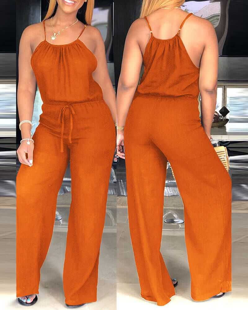 Solid Color Linen Drawstring Casual Jumpsuit 4