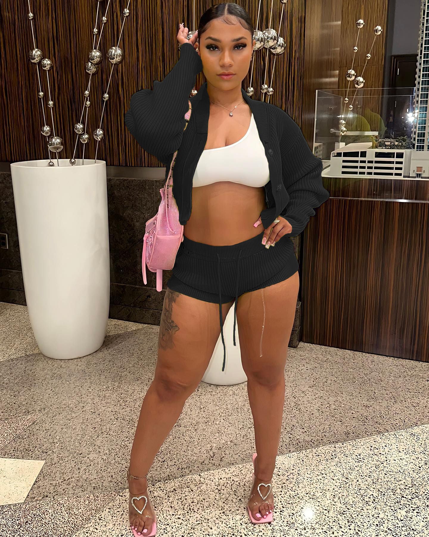 Women knitting Turndown Collar long-sleeved Top and shorts Casual two-piece set 10