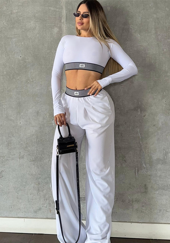Women's Autumn Winter Fashion Long Sleeve Sexy Crop Top High Waist Loose Casual Straight Wide-Leg Pants Set
