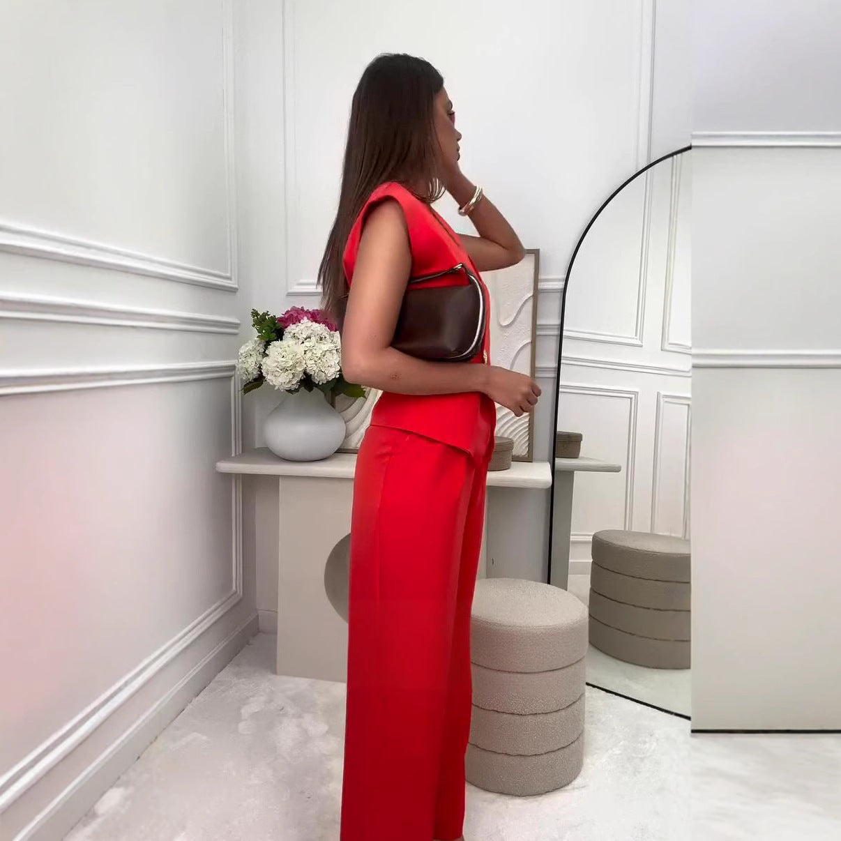 Women summer button Solid Top and wide-leg pants Career two-piece set 4