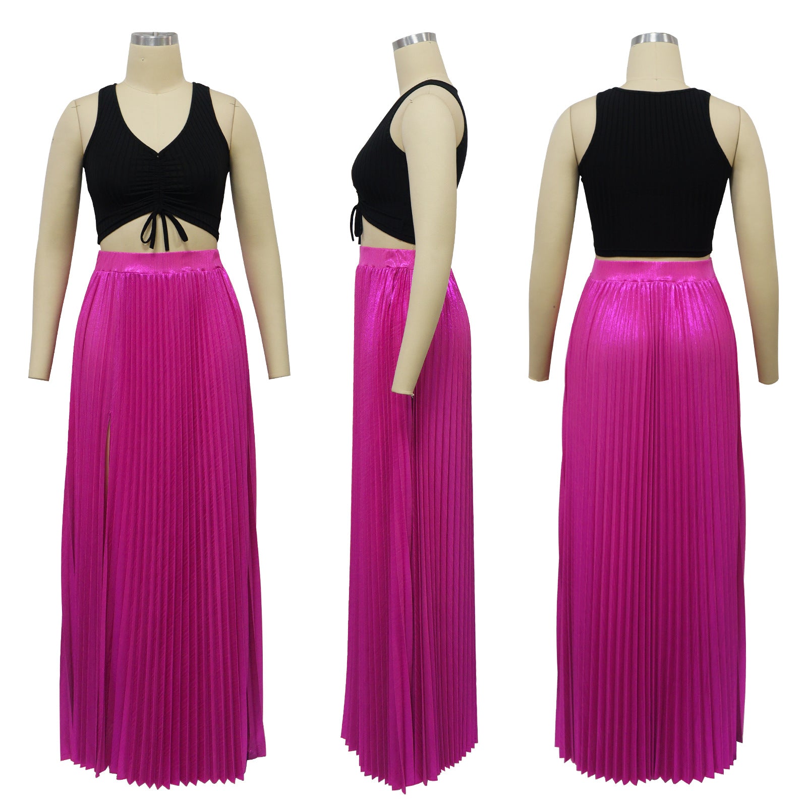 Women Solid High Waist Pleated Slit Skirt 17