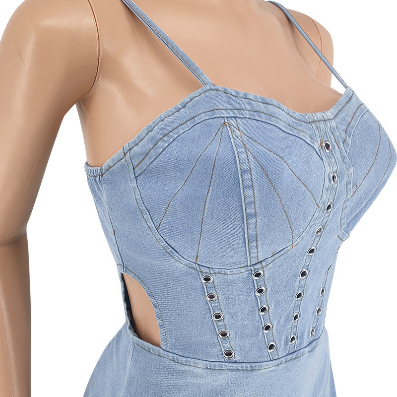 Plus Size Women's Spring Sexy Sleeveless Washed Denim Dress 15