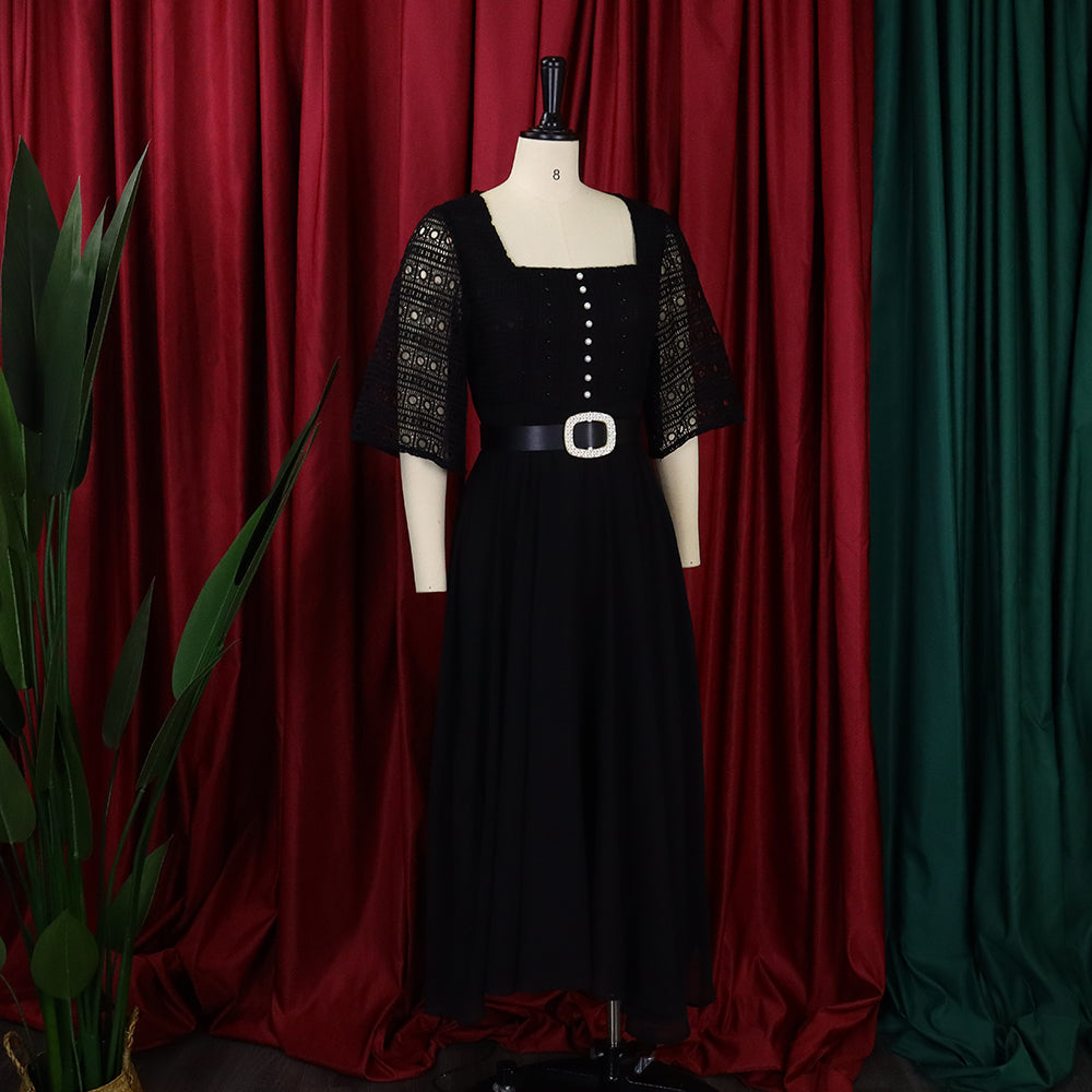 African Women Short Sleeve Square Neck With Belt Chiffon Beaded Dress 14