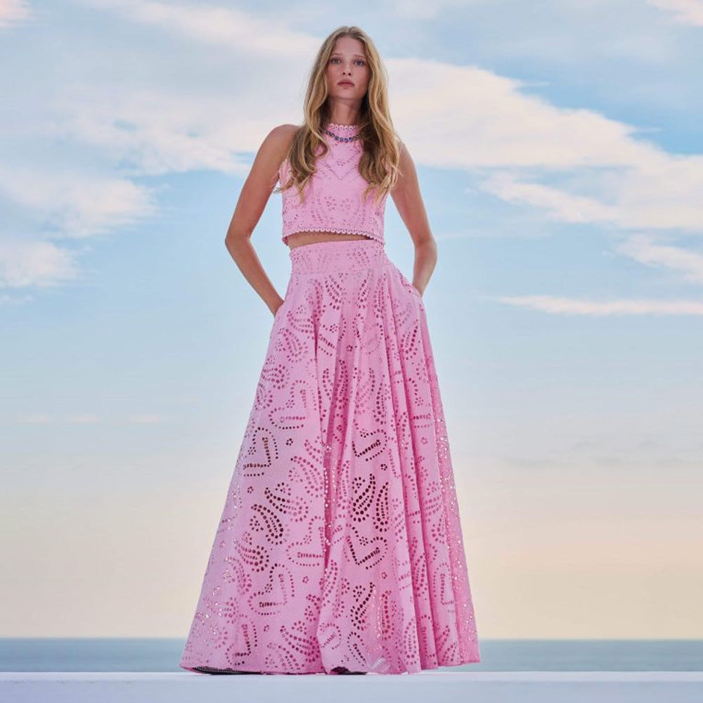 Autumn Women's Chic Sleeveless Embroidery Hollow Lace Top Long Skirt Holidays Two-Piece Set 4