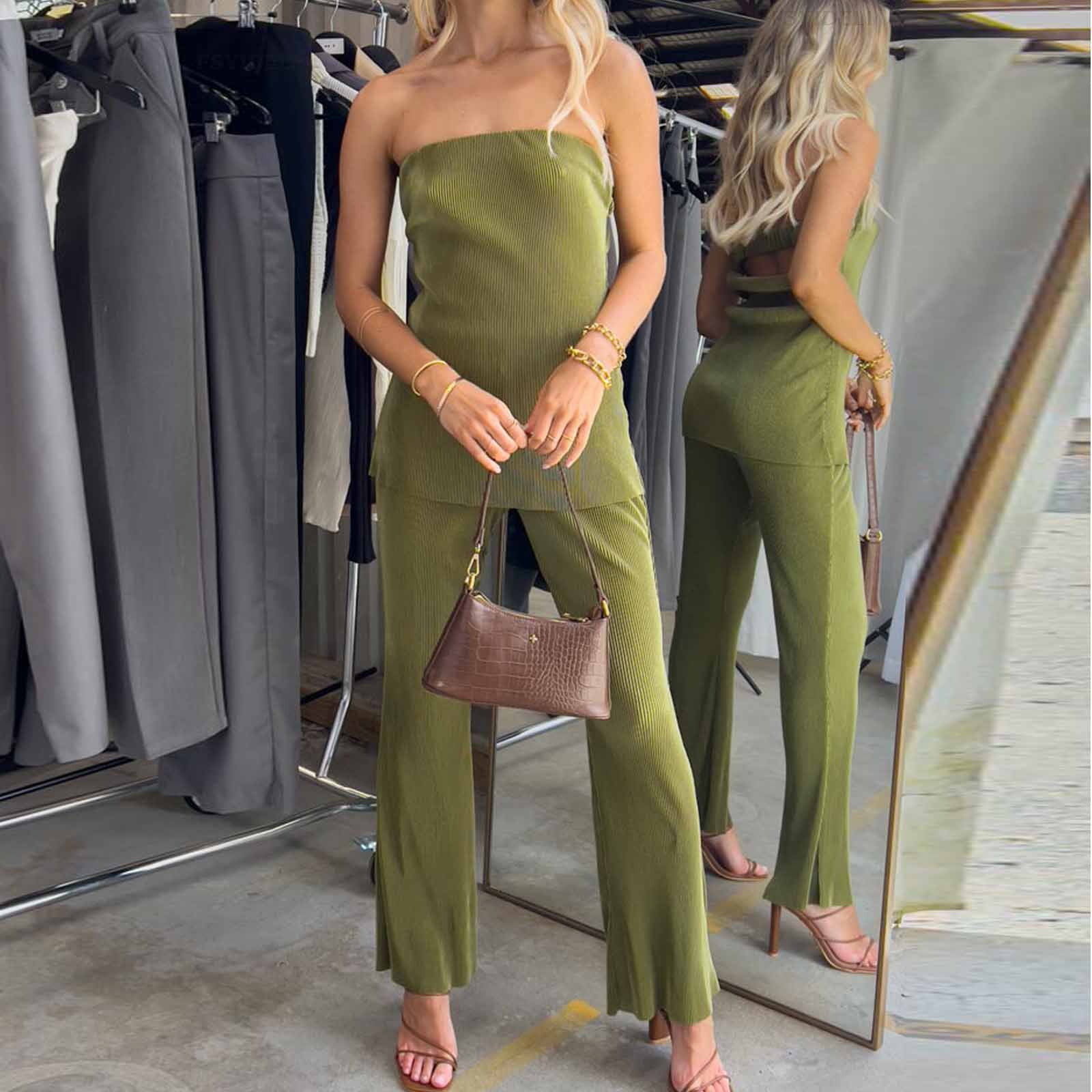 Women Sexy Strapless Top and Casual Pants Two-piece Set 3
