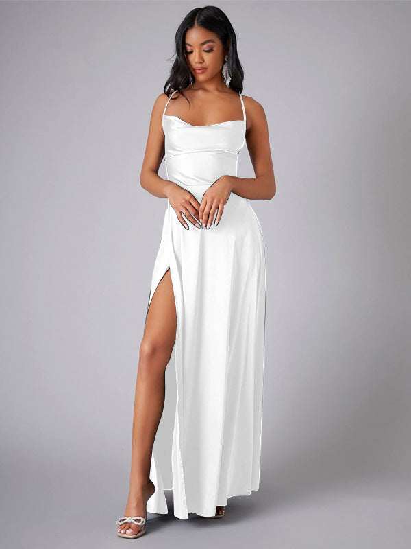 Women Sexy Backless Suspender Slit Maxi Dress 19