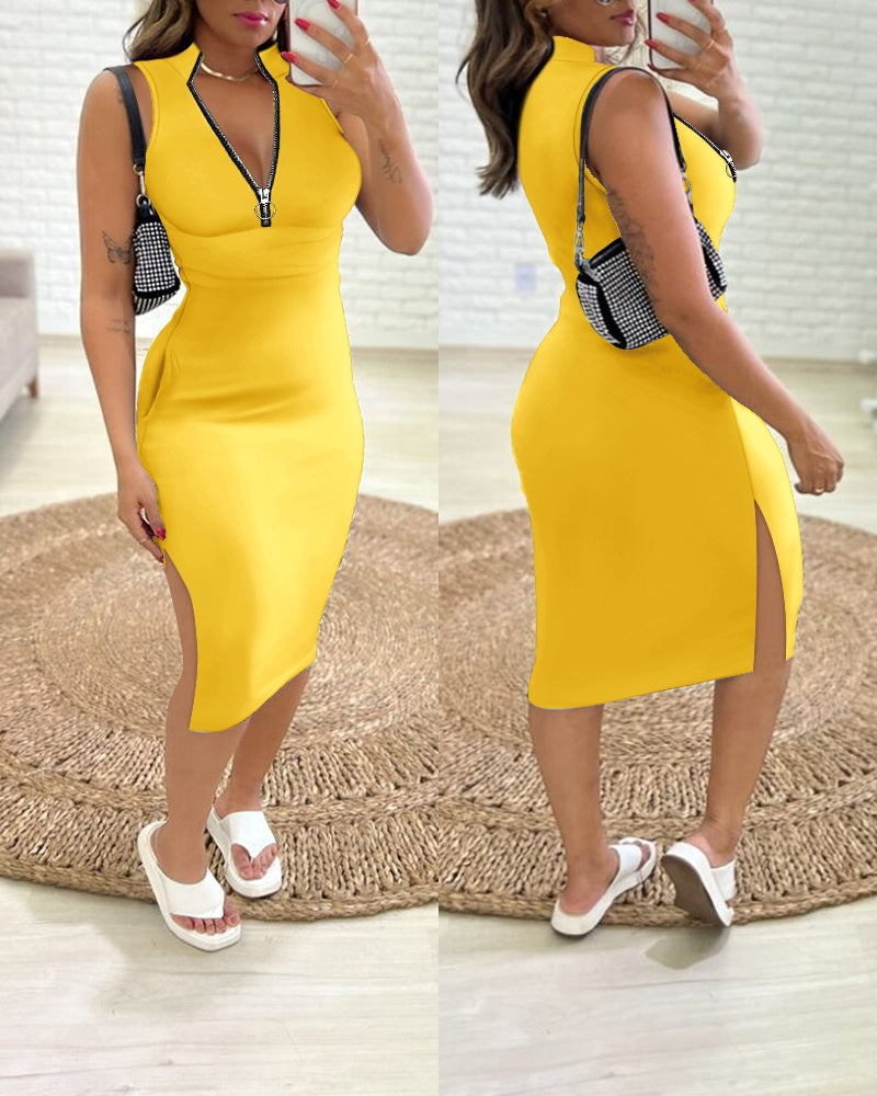 Women Solid zipper slit Casual Dress