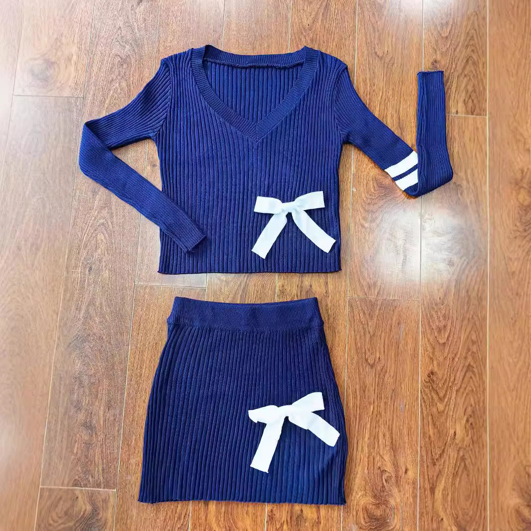 Women Casual Bowknot V-neck Sweater And Skirt Two Piece Set 6