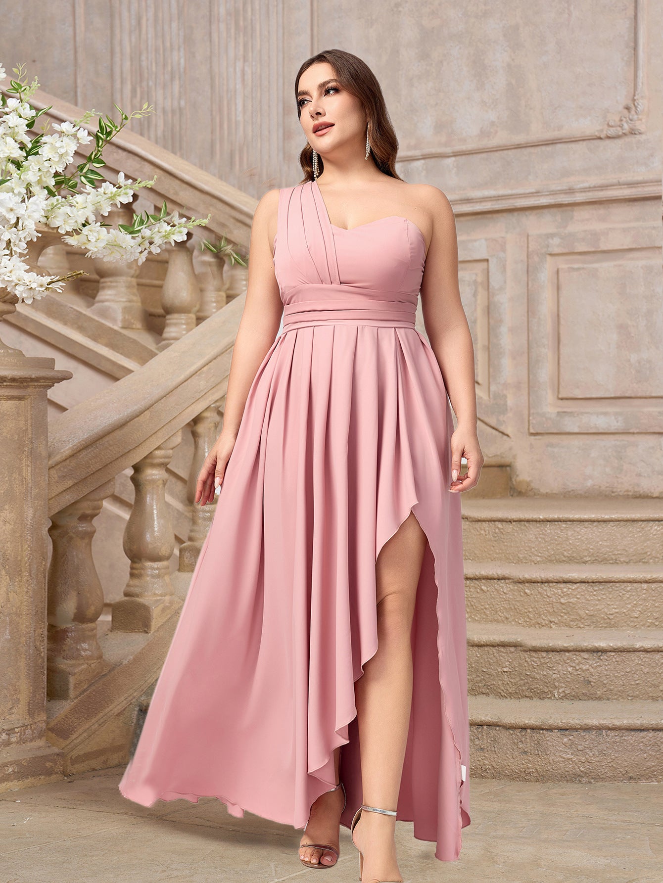 Plus Size Women's Pleated Slash Shoulder Chic Elegant Sexy Formal Party Dress 4