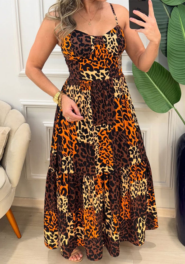 Women Print Holidays Casual Suspender Sleeve Leopard Print Dress