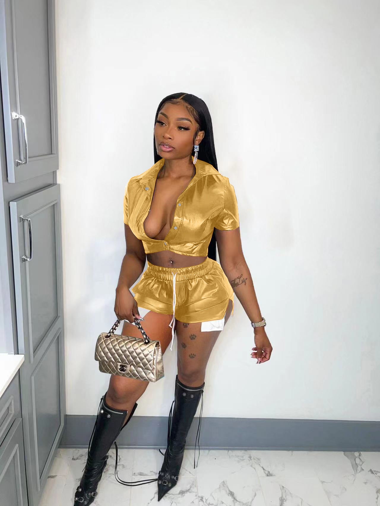 Women's Deep Pocket Slit Pu Leather Short Front Short Back Long Shorts Two-Piece Set 7