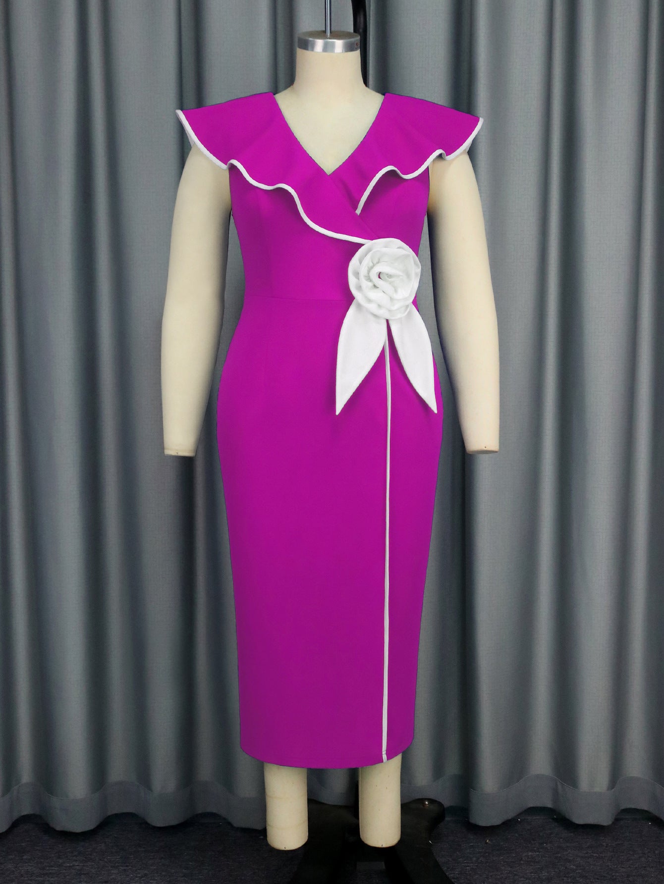 Plus-Size Contrast Flower Ruffle Sleeve Elegant Chic Formal Party Dress 42