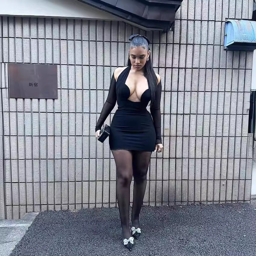 Women Sexy Halter Neck Mesh Patchwork Long Sleeve Dress 4