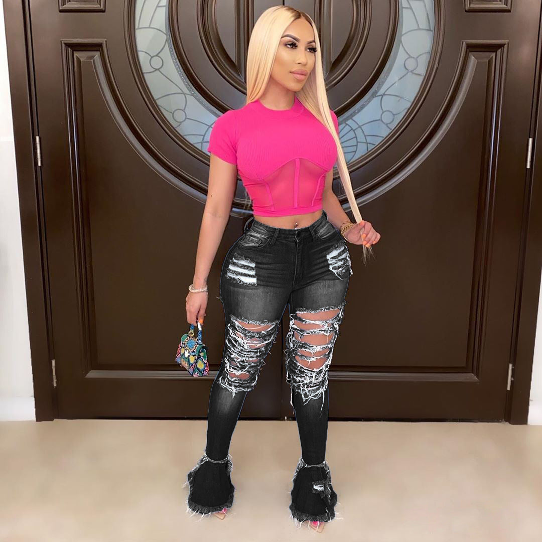 Women's Fringed Ripped Classic Denim Ruffle Trouser 5