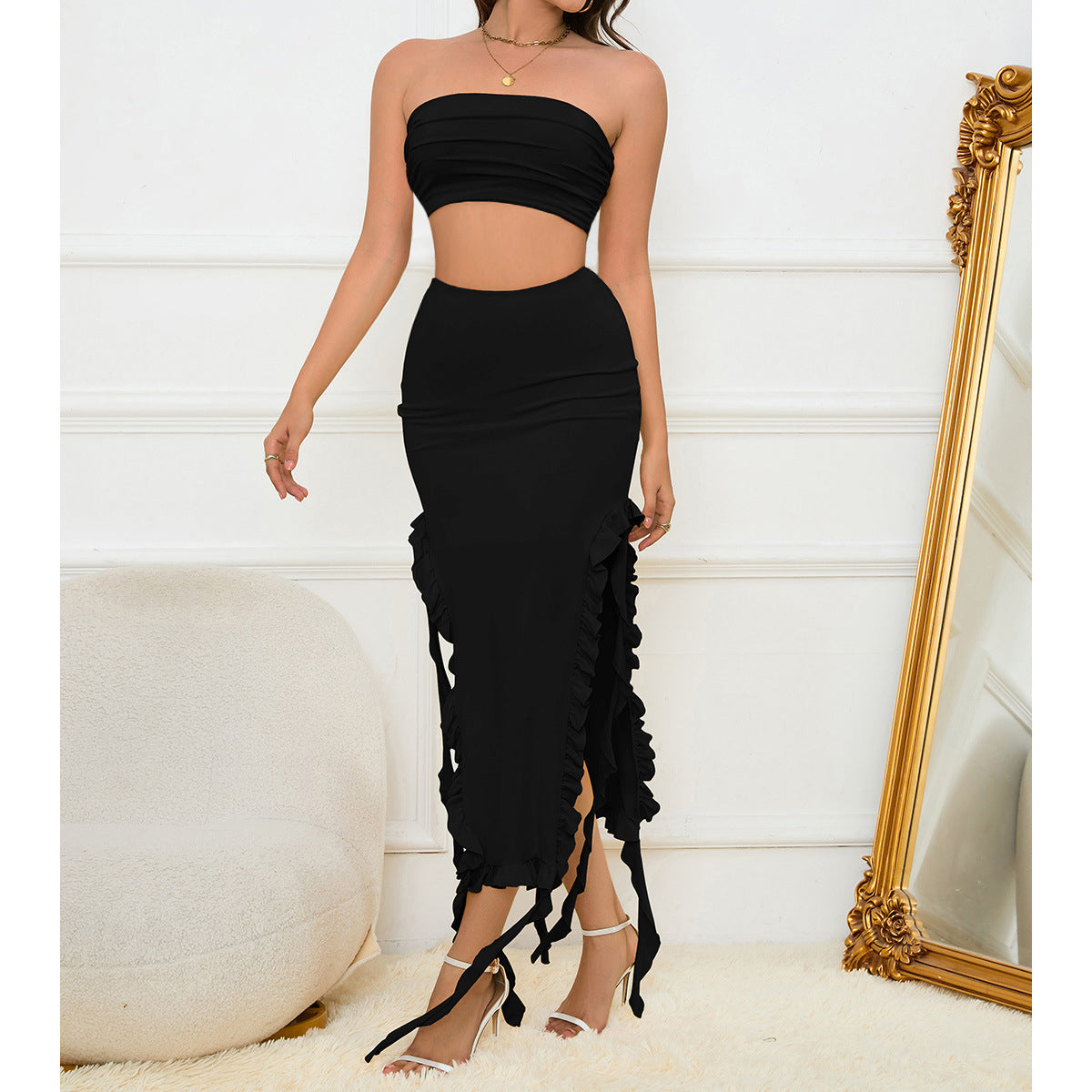 Women's Sexy Solid Color Strapless Slim Two Piece Skirt Set 7