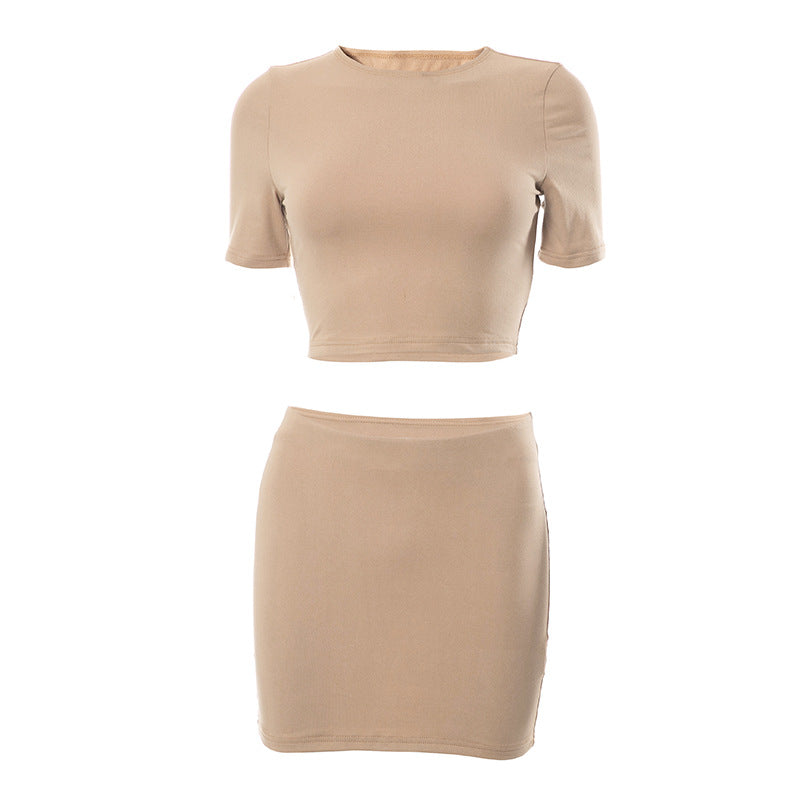 Women's Spring Solid Short Sleeve Crop Two Piece Skirt Set 52