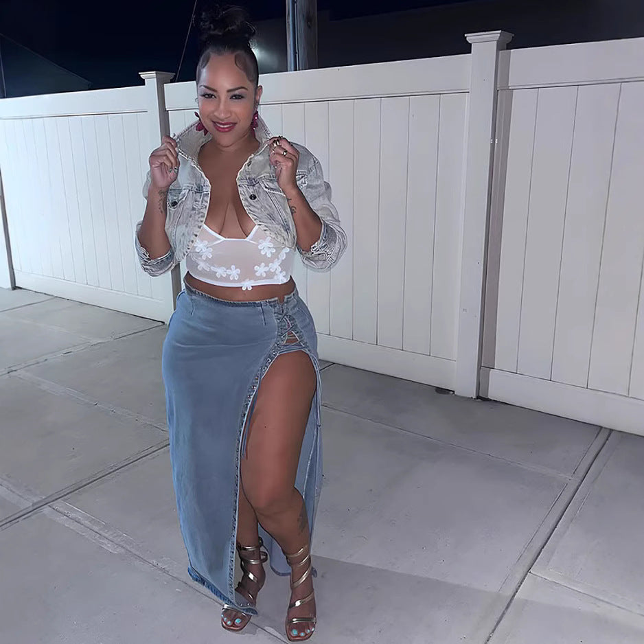 Women tie-dye slit Denim skirt 5