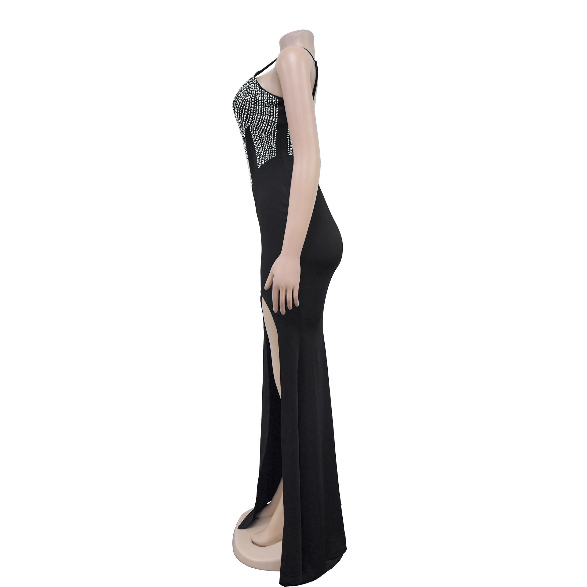 Fashionable Women's Strap V-Neck Beaded Slit Long Dress 16