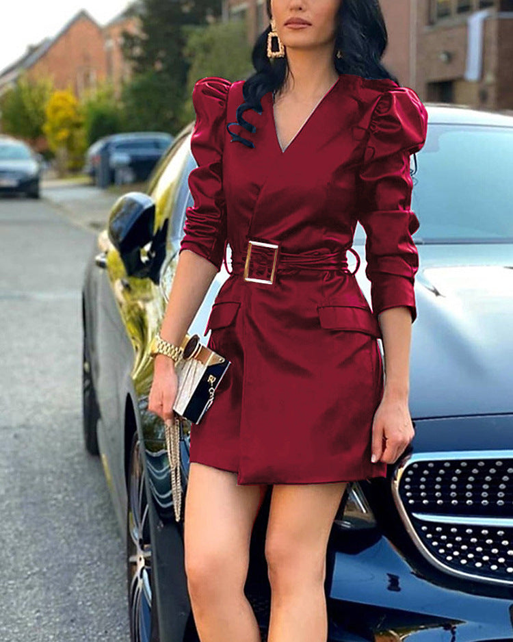 Fall Winter V-Neck Fashion Slim Waist Long Sleeve Faux Leather Dress With Belt 4