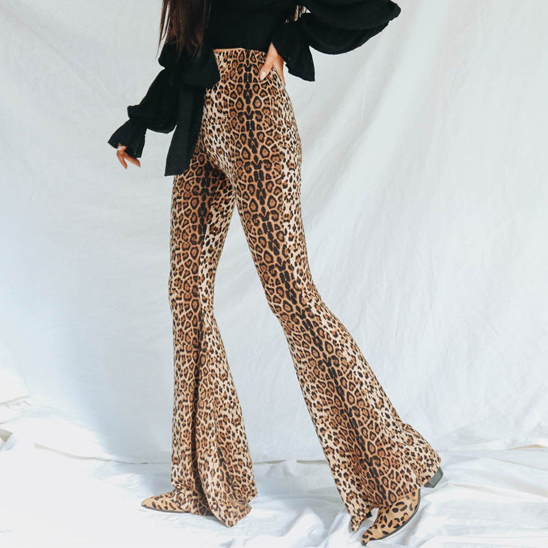 Women Spring Leopard Print Basic Bell Bottom Pants 3