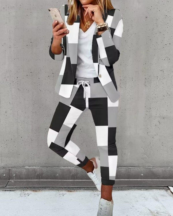 Autumn Winter Fashion Printed Long Sleeve Casual Blazer Pants Career Women Two Piece Suit 9