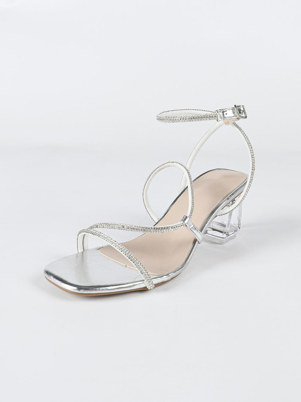 Women Clear Crystal Block-Heeled Sandals with French Rhinestone Strap Square Toe Open-Toe Heels 7