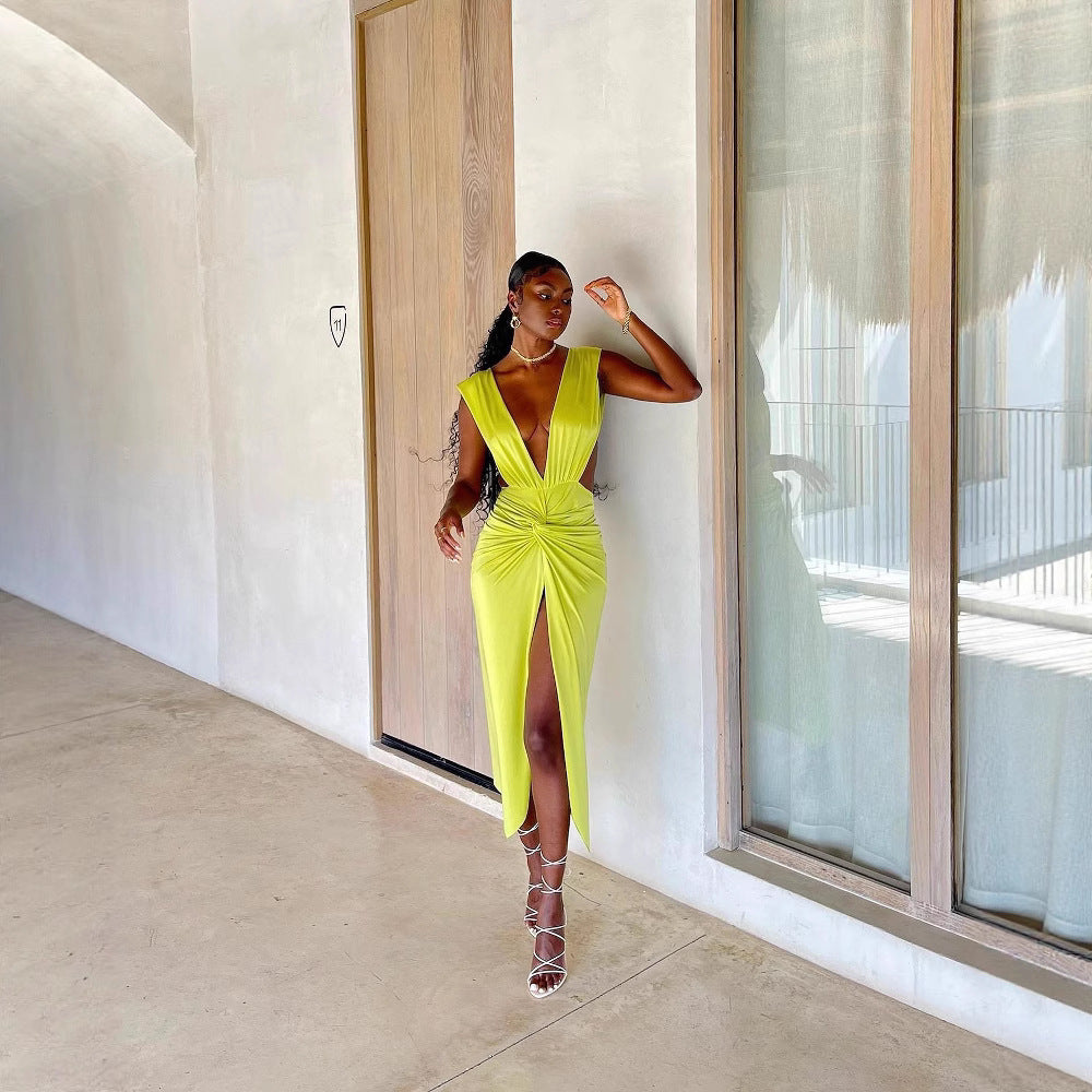 Spring Summer Women's Fashion Low Back Sexy V-Neck Slit Dress 7