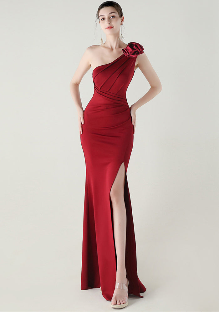 Women one-shoulder flower satin slit sexy evening dress