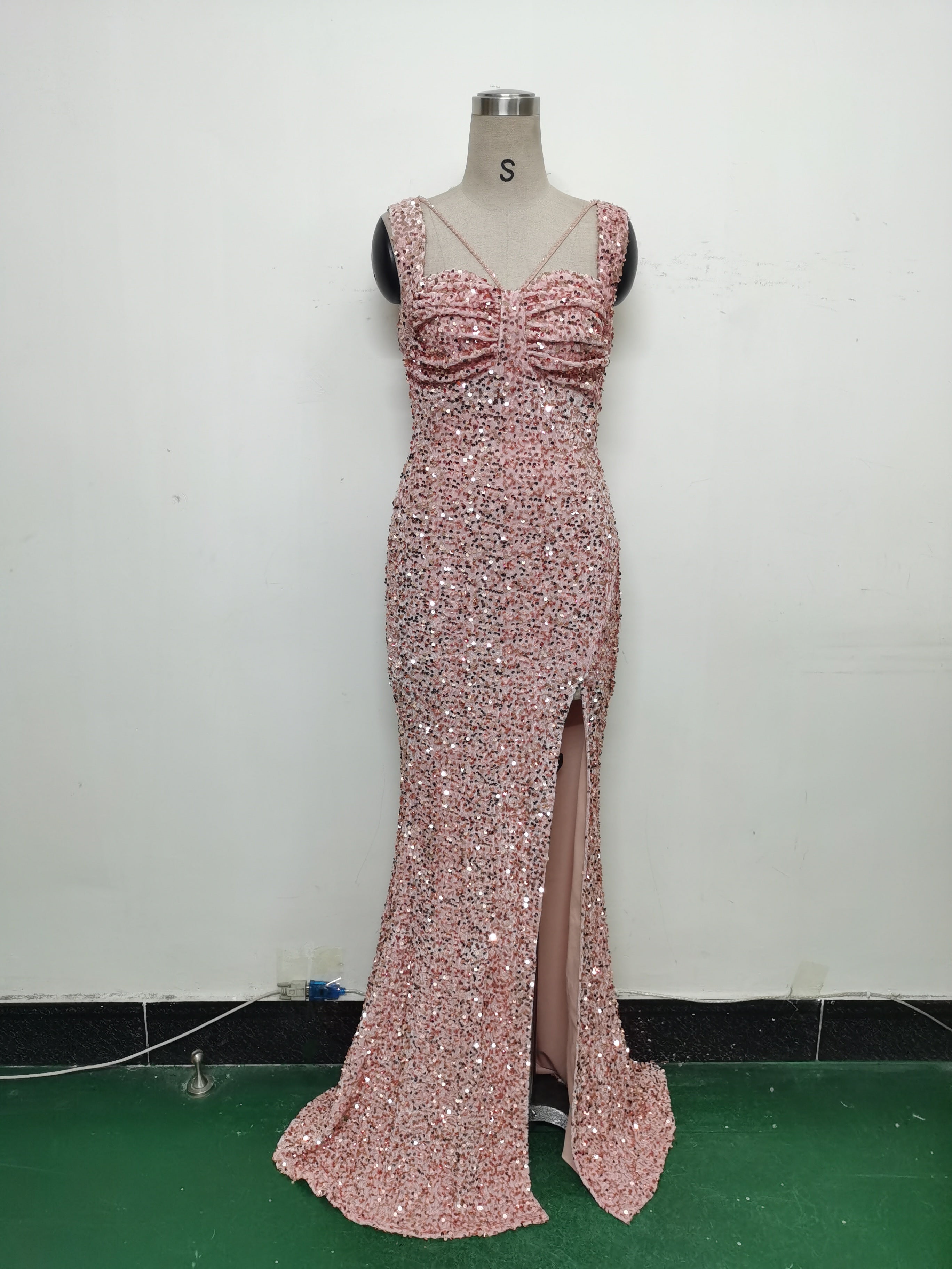 Luxury strap sequined long evening gown 44