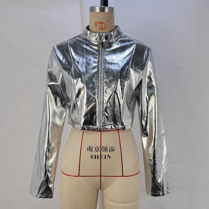 Women Pu Metallic Stand Collar Zip Jacket 6