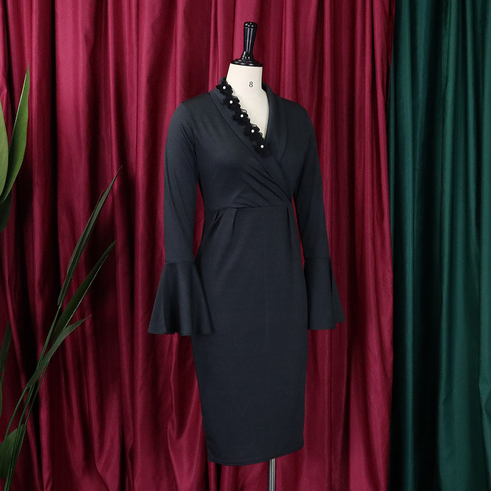 Women's Fall Winter V-Neck Chic Elegant Bell Bottom Sleeve Slit Bodycon Dress 10