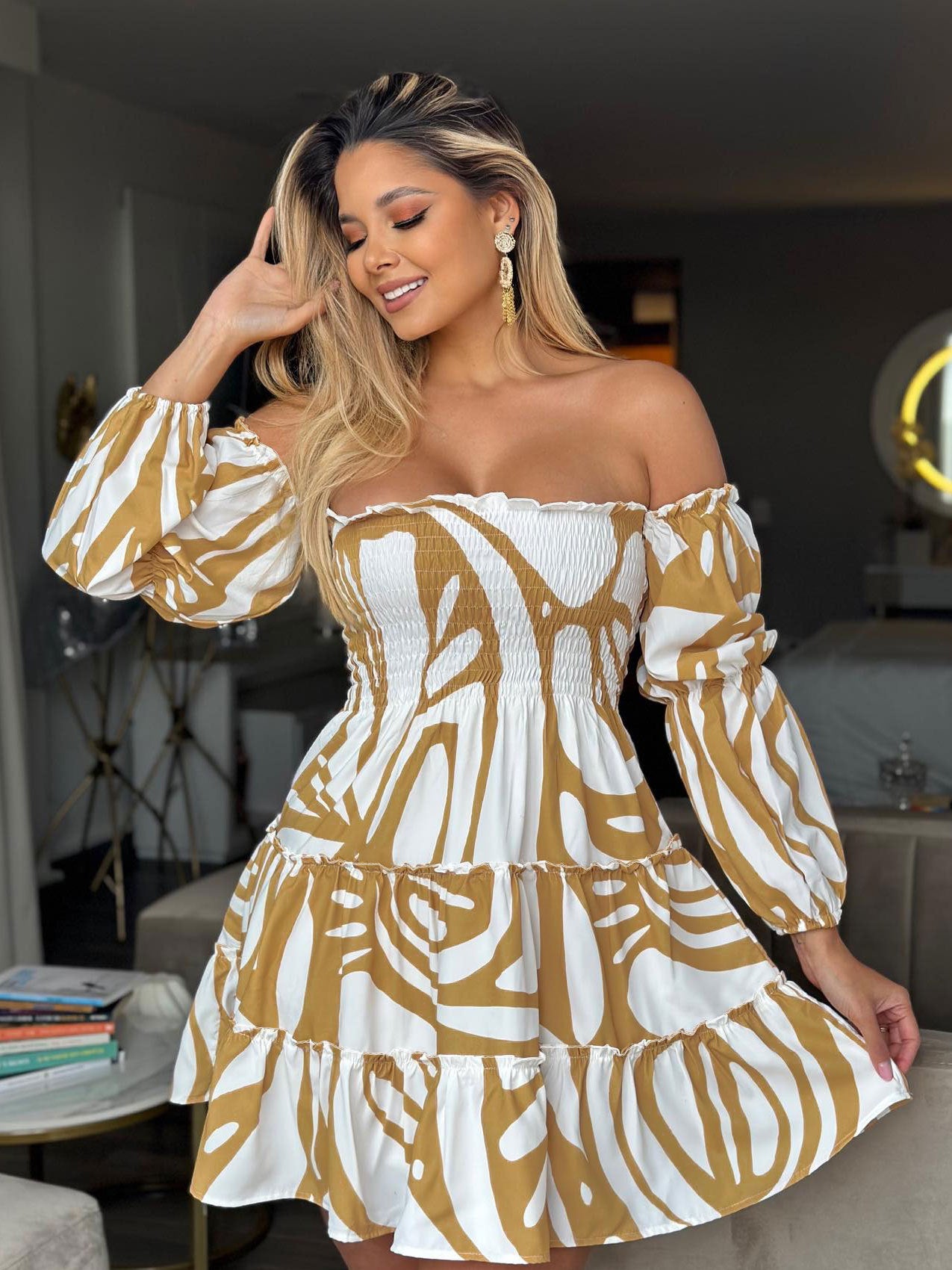Off Shoulder Sexy long sleeves ruffled casual dress