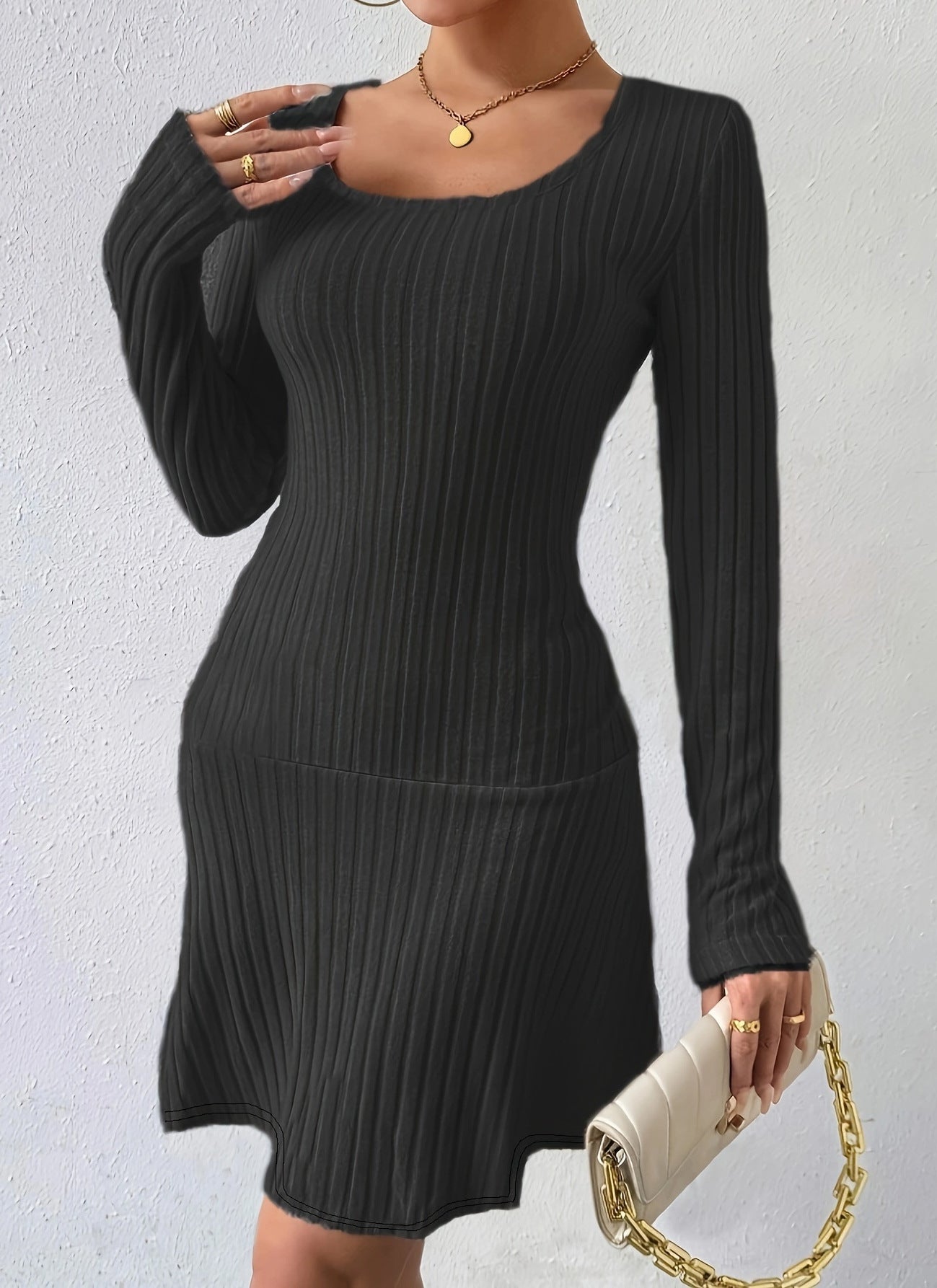 Autumn Winter Women's Fashion Solid Color Slim Long Sleeve Dress 3