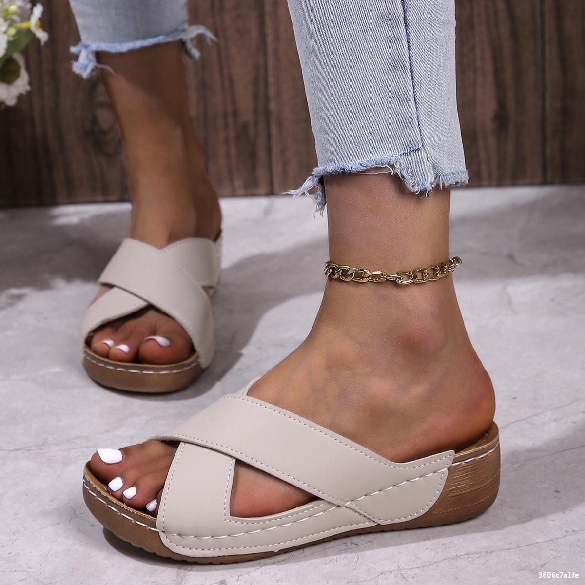 Thick Sole Women Plus Size Casual Slip-On Solid Color Cross Strap Wedge Sandals 4